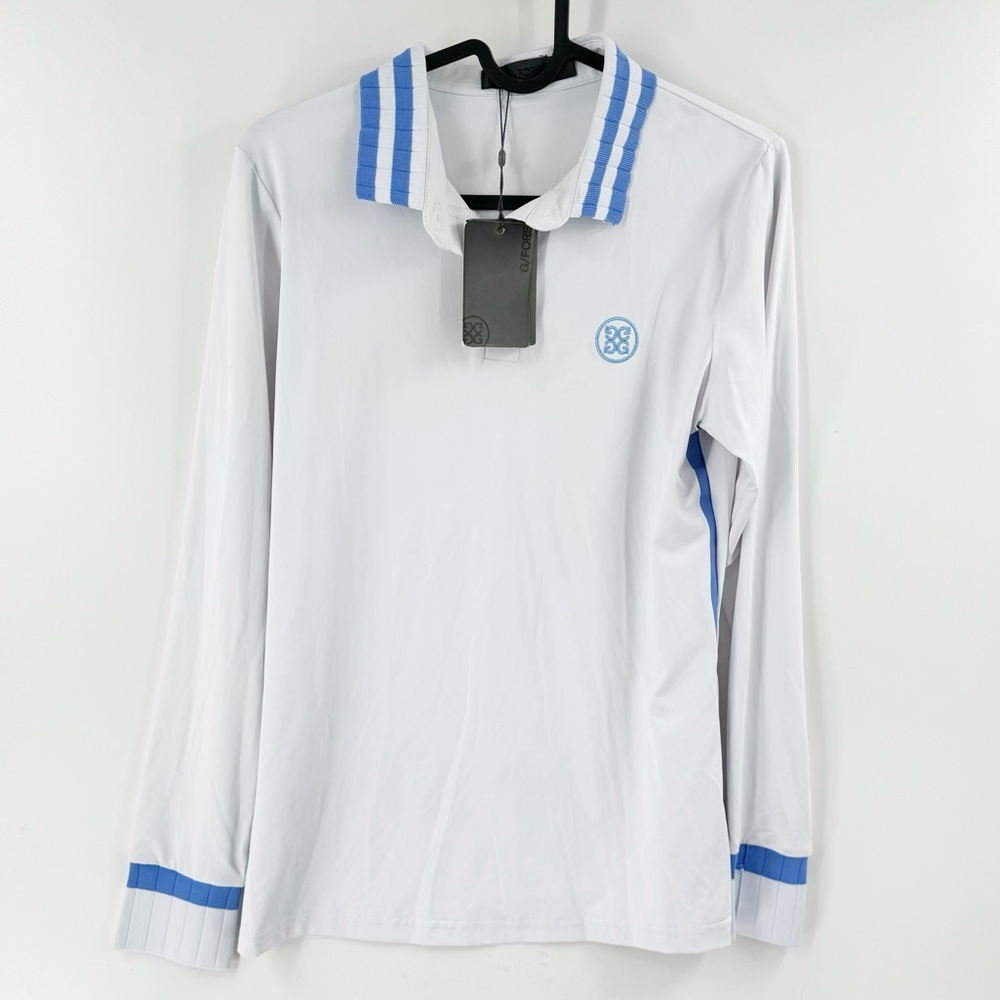 NWT G/FORE LIGHTWEIGHT LONG SLEEVE POLO GOLF TOP SIZE MEDIUM WHITE/BLUE FLAW